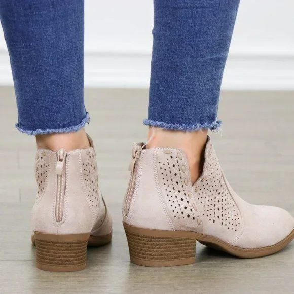 Dusty Rose Perforated Cut Suede Ankle Booties - Picture 6 of 7